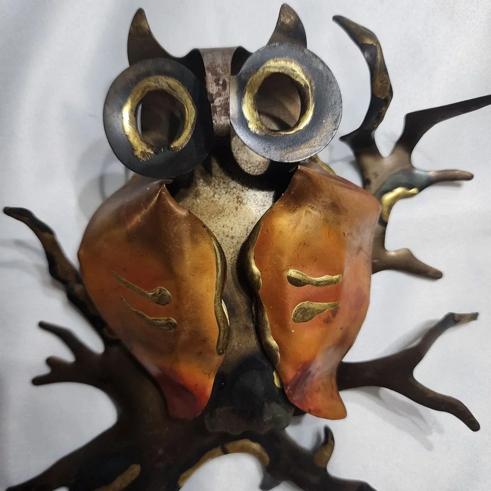 Vintage Brutalist Metal Owl Wall Art Set Mid Century Modern Copper Brass Tones
